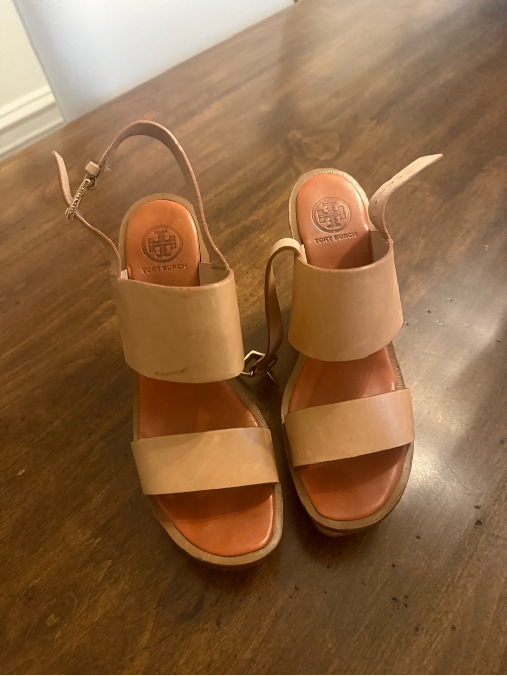 Tory Burch Beige Leather Wedge Sandals